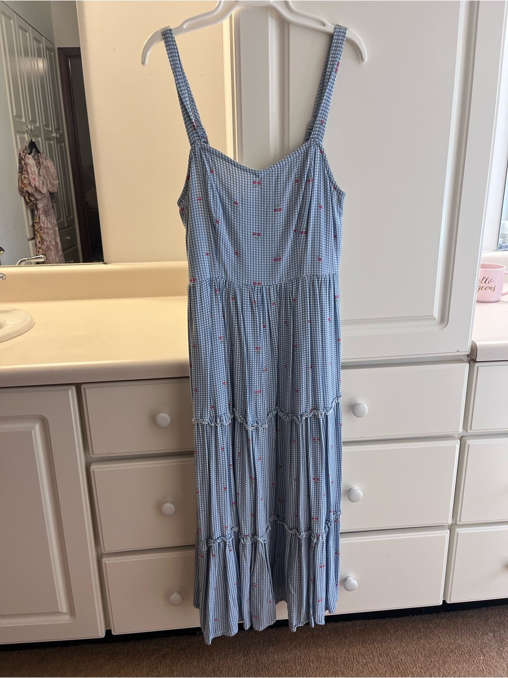 Blue Gingham Tiered Maxi Dress with Cherries